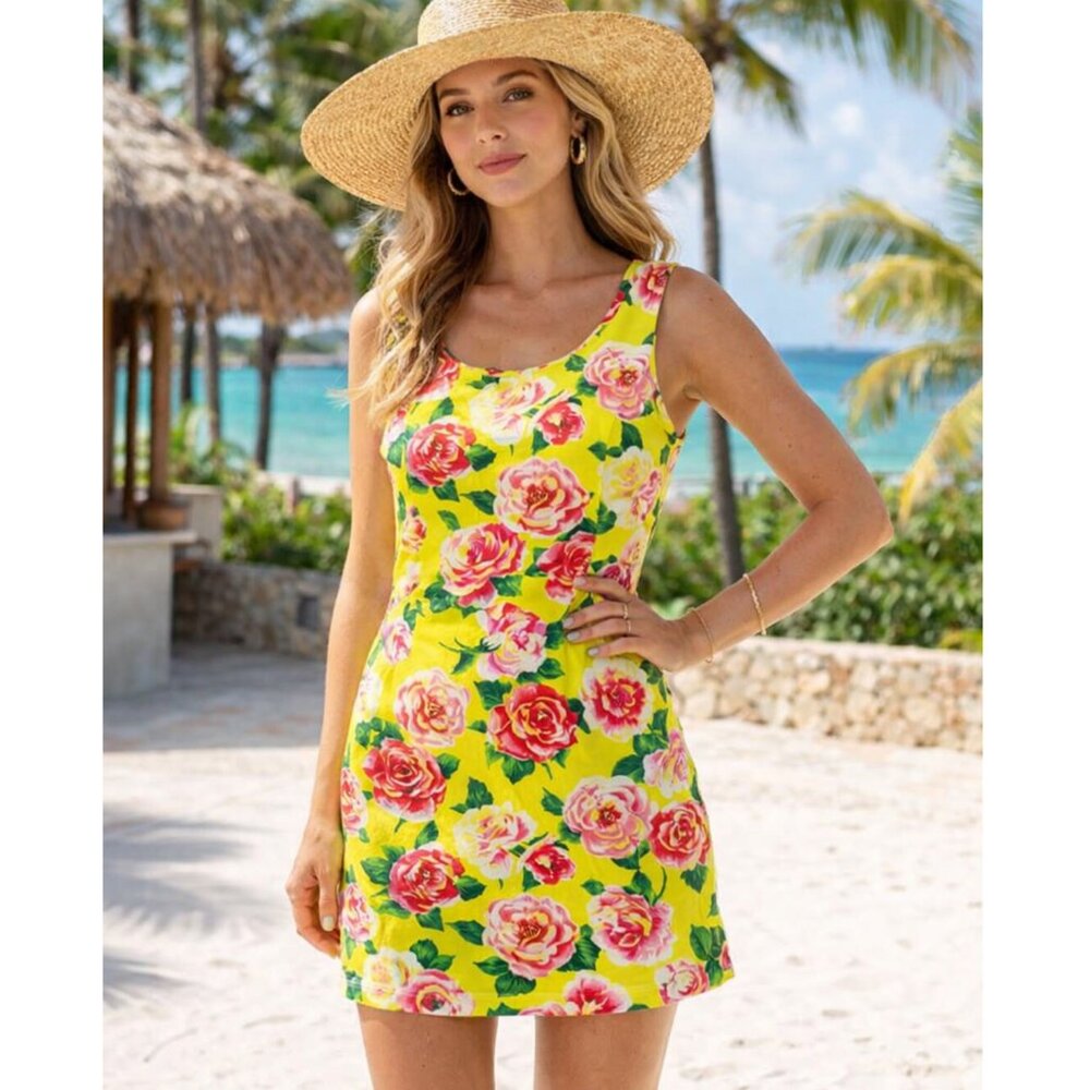 Vintage Jams World La Rosa Mini Dress Tunic Floral Crushed Rayon Yellow Pink S/M